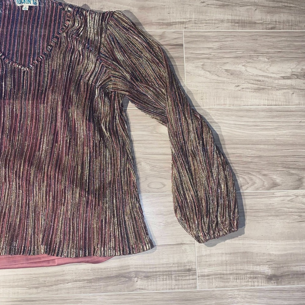 Rockin' C Womens Multicolor Metallic Sheer Striped V-Neck Blouse Top Size Small - Picture 7 of 14